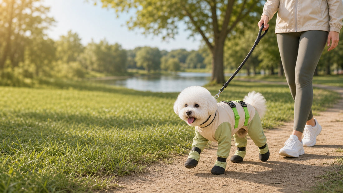 Dog wearing full coverage outdoor protection suit during grass park walk