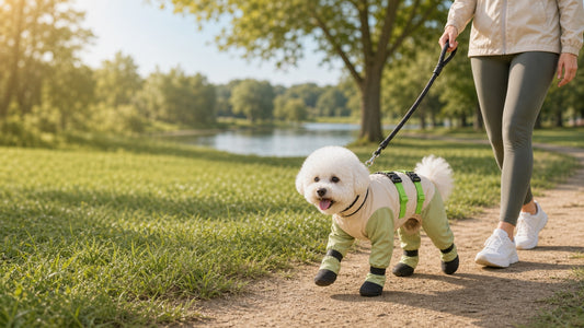Dog wearing full coverage outdoor protection suit during grass park walk