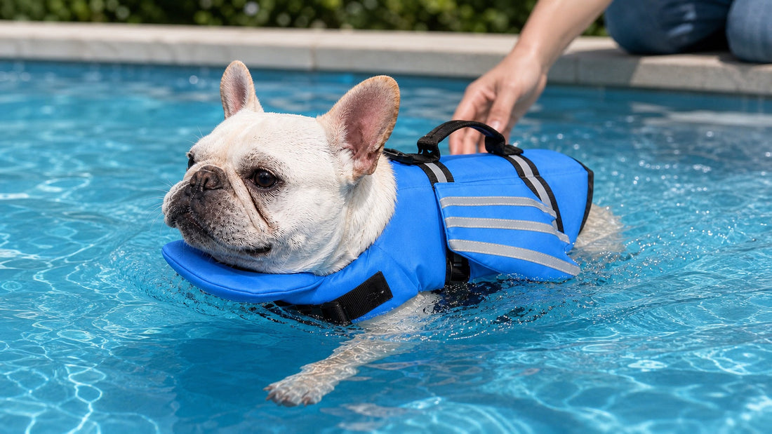 French Bulldog wearing reflective angel-wing dog life jacket near a pool