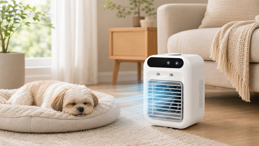 Mini air cooler keeping a dog comfortable indoors during hot weather