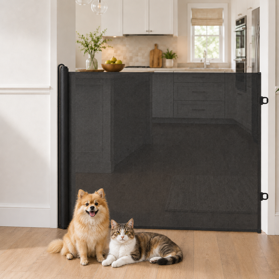Paws in Awe No-Drill Retractable Pet Gate for Doorways, Kitchens & Stairs - Keep Cats and Dogs Safely Out of Off-Limit Areas hero lifestyle scene showing the retractable pet gate installed across a doorway or hallway