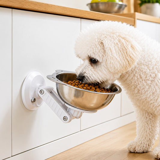 Paws in Awe No-Drill Wall-Mounted Pet Bowl for Small Dogs & Cats - Elevated Feeding for Cleaner Floors hero lifestyle scene showing the product in its most natural real-use environment