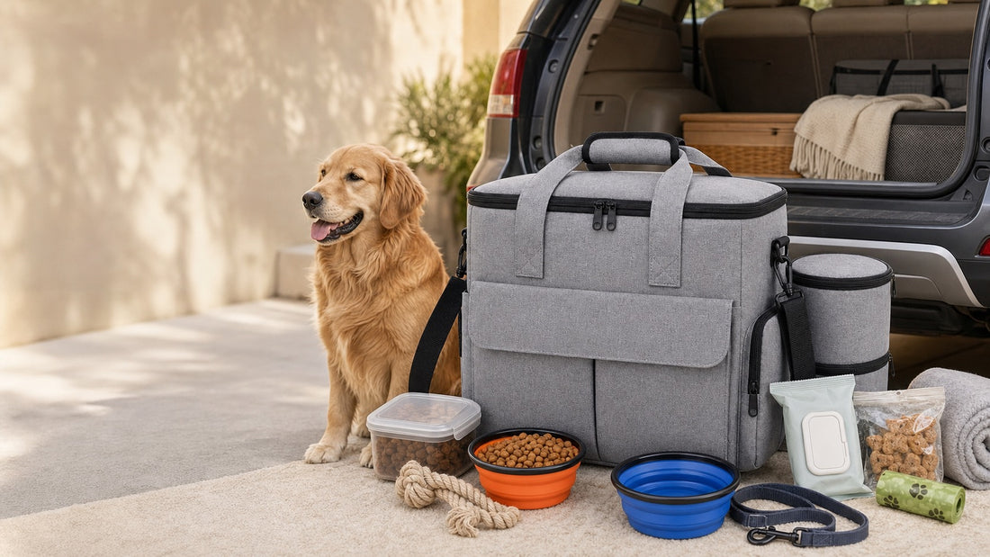 Pet travel bag organizer packed for a dog road trip with food bowls and supplies