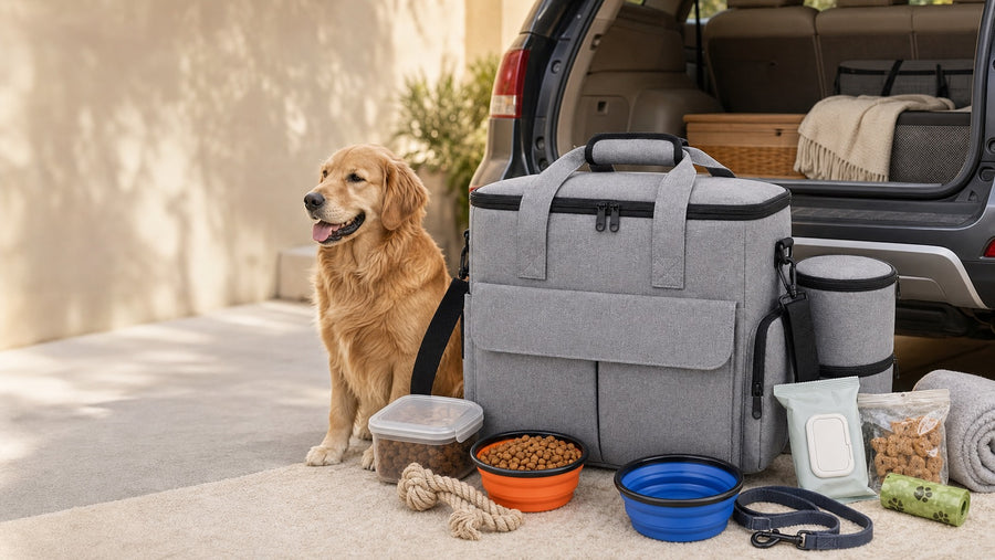 Pet travel bag organizer packed for a dog road trip with food bowls and supplies