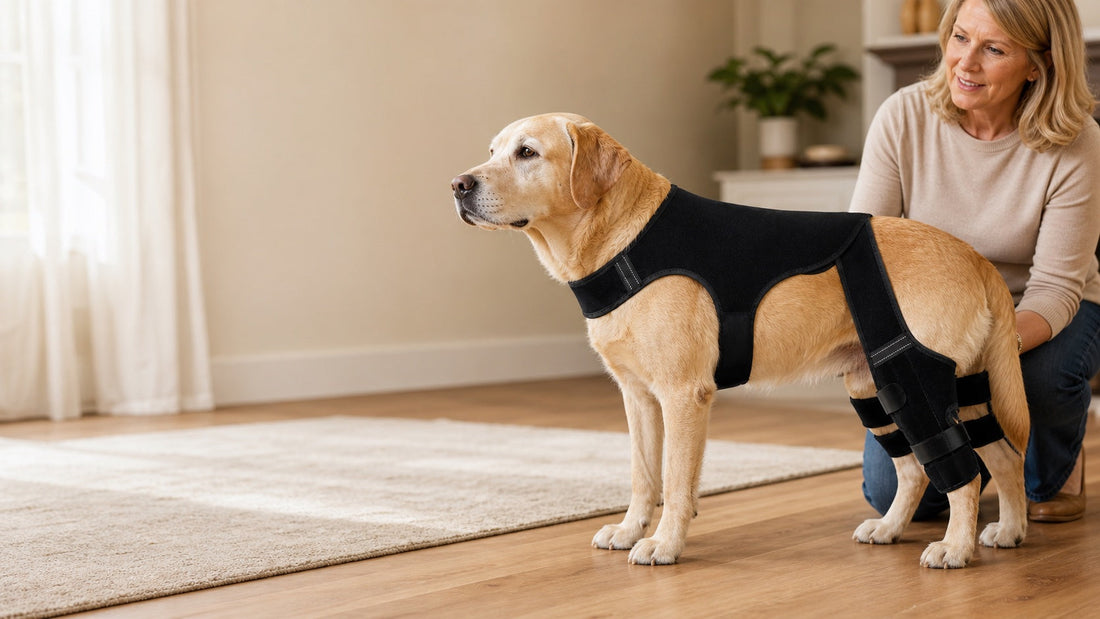 Senior dog wearing rear leg support brace on hardwood floor at home