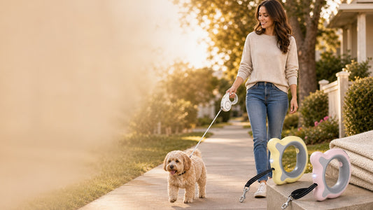 Dog owner using retractable dog leash for daily walks and night walks