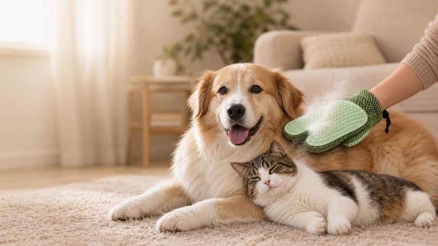 Owner using spray pet grooming glove to remove loose fur from a calm dog and cat at home