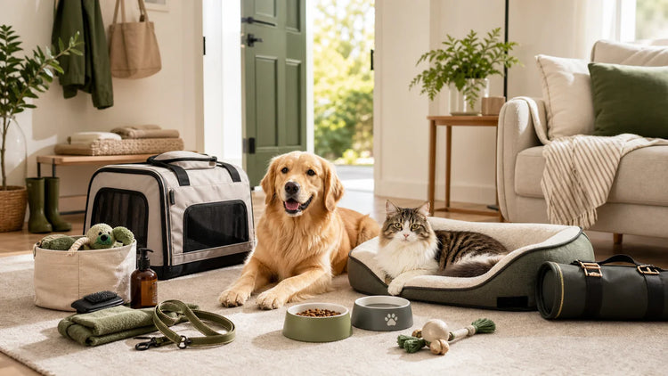 Dog and cat with practical everyday pet care gear at home