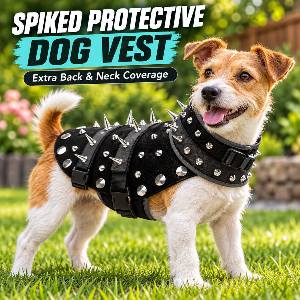 Spiked dog protective vest with back and neck coverage