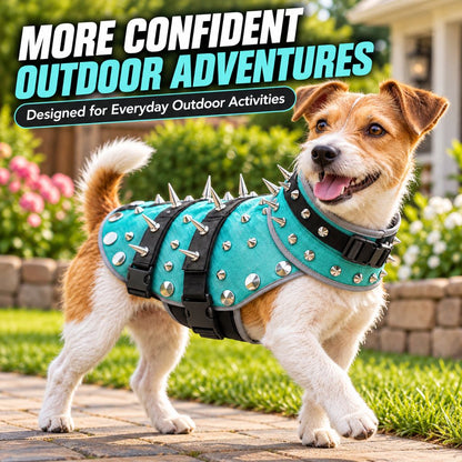 Turquoise spiked dog vest for supervised outdoor walks