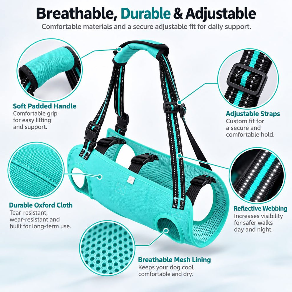 Breathable material and adjustable straps on dog lift harness