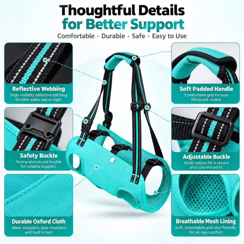 Dog lift harness construction and fastening details