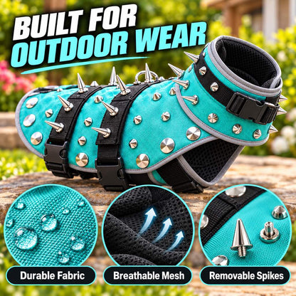 Dog vest with mesh lining and removable metal spikes