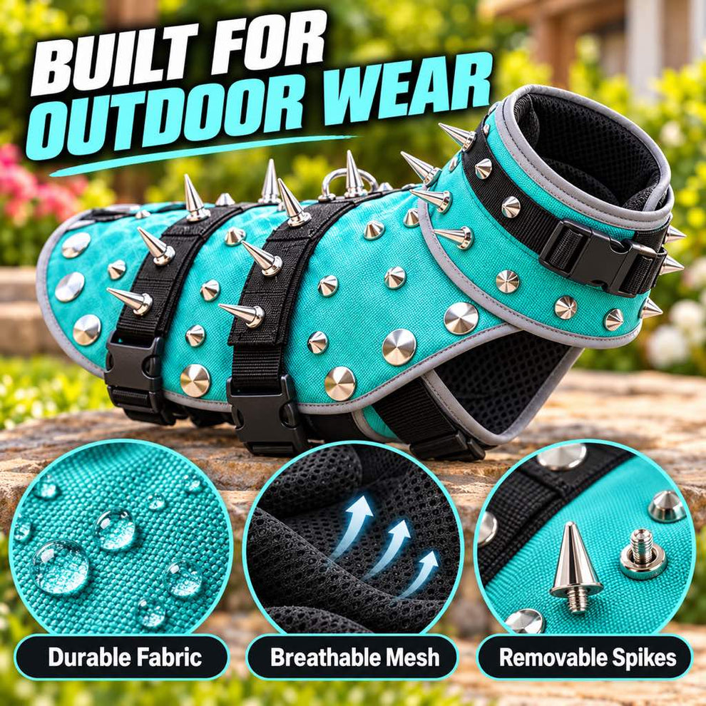 Dog vest with mesh lining and removable metal spikes