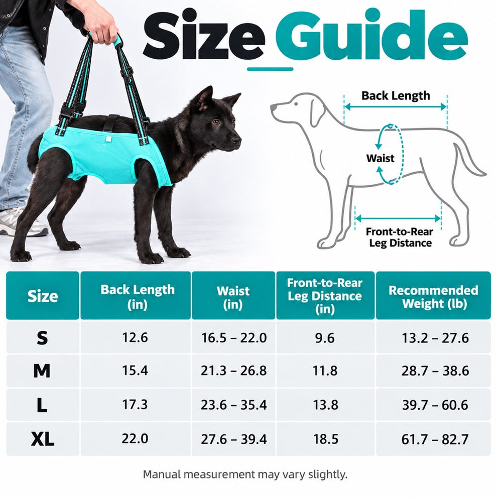 Dog lift harness size guide for S M L and XL
