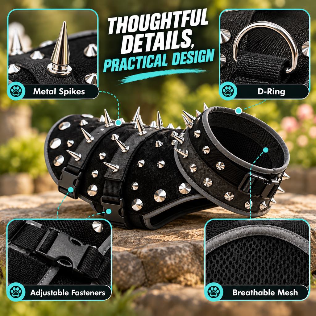 Metal spikes D-ring buckles and breathable mesh details