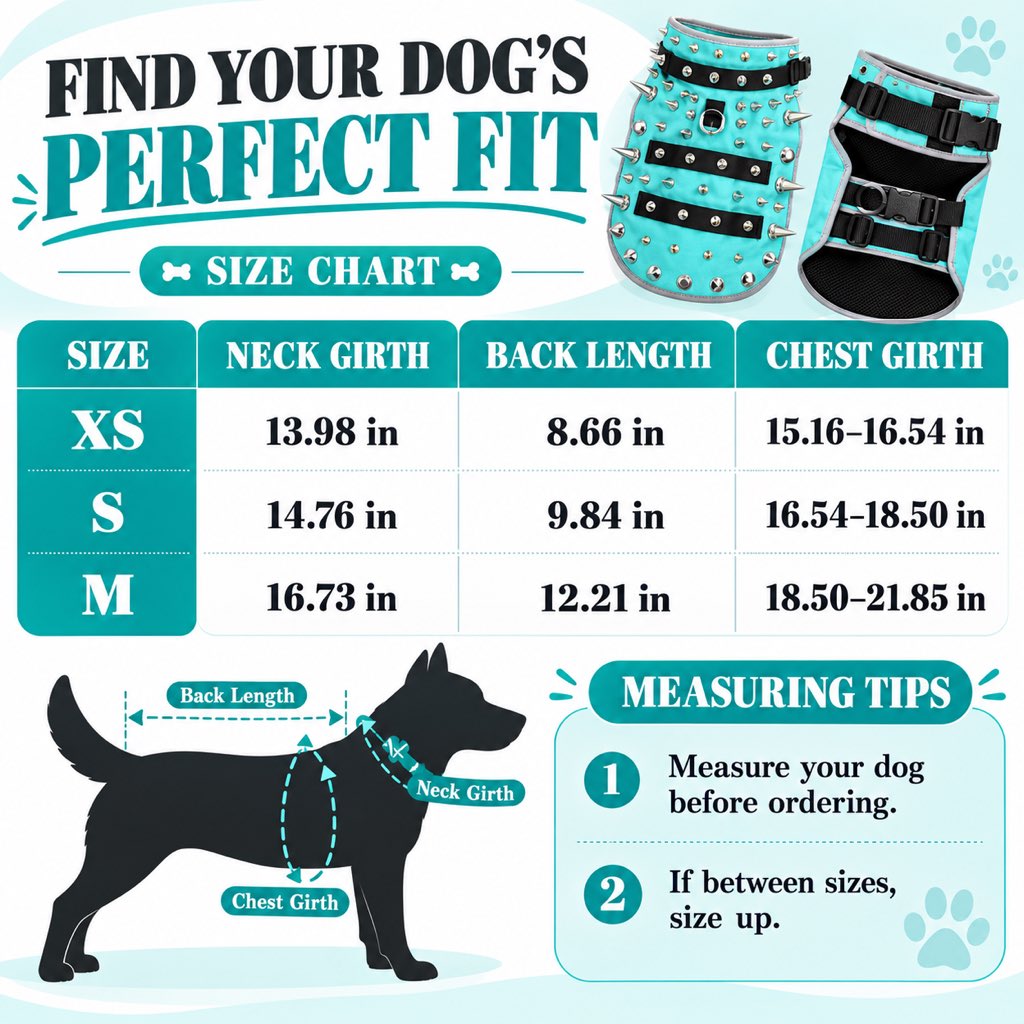 Spiked dog vest size chart for XS S and M in inches
