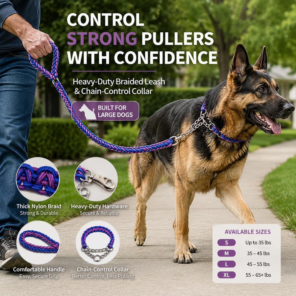 Paws in Awe Heavy-Duty Braided Dog Leash with Chain-Control Collar for Strong Pullers - Daily Walking & Training image 1