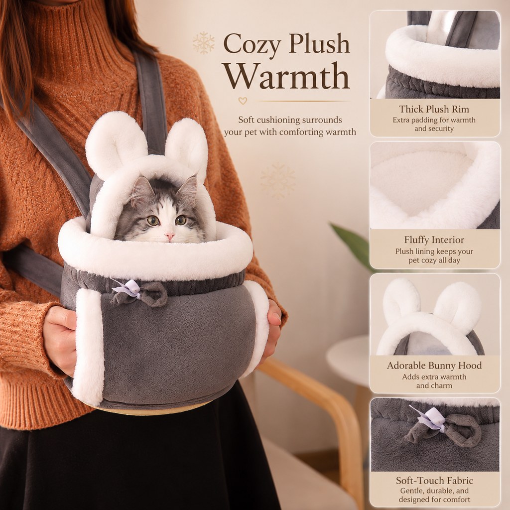 Paws in Awe Winter Warm Cat Carrier Backpack for Cold-Weather Outings - Plush Hands-Free Carrier for Cats & Small Pets image 3