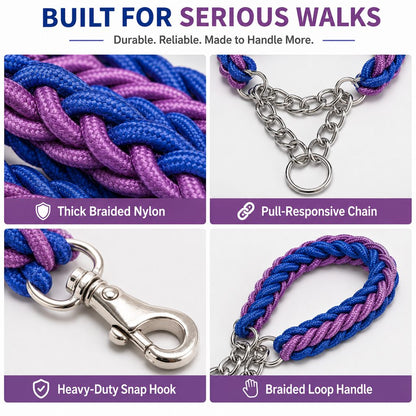 Paws in Awe Heavy-Duty Braided Dog Leash with Chain-Control Collar for Strong Pullers - Daily Walking & Training image 5