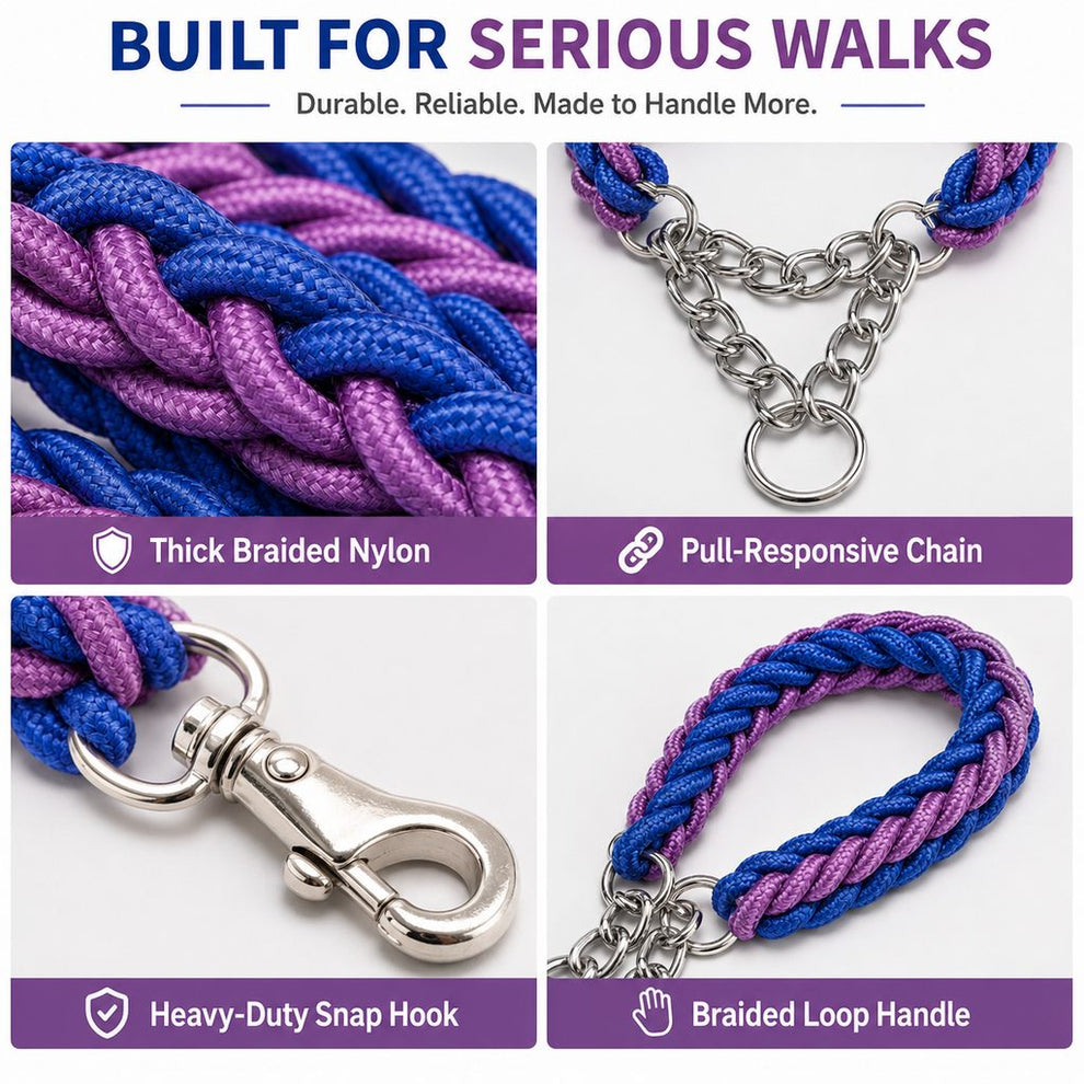Paws in Awe Heavy-Duty Braided Dog Leash with Chain-Control Collar for Strong Pullers - Daily Walking & Training image 5