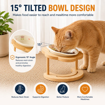 Paws in Awe Elevated Ceramic Pet Bowl with Wooden Stand for Cats & Small Dogs image 6