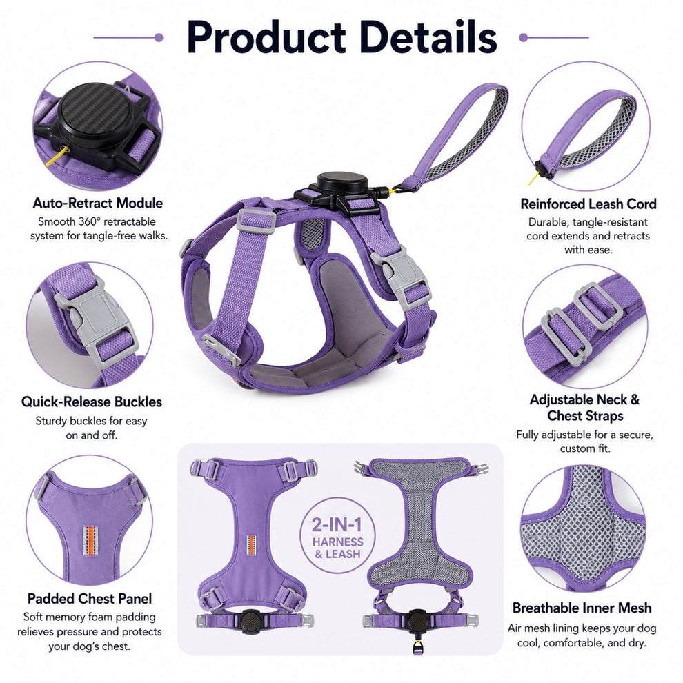 Paws in Awe 2-in-1 Retractable Dog Harness for Daily Walks - Built-In Leash Vest with Auto-Stop Control for Small & Medium Dogs image 7