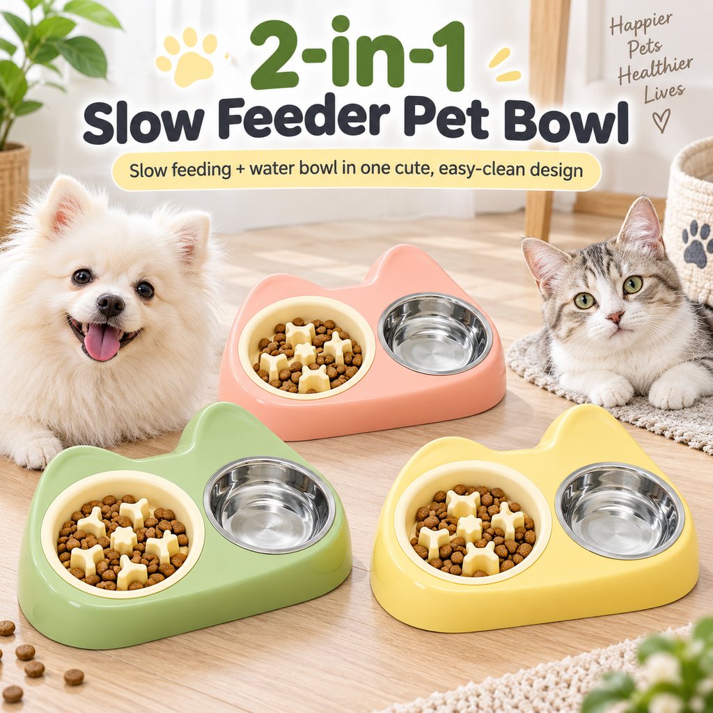 Paws in Awe 2-in-1 Cat Ear Pet Bowl for Cats and Small Dogs - Slow Feeder or Double Stainless Steel Bowls for Slower, Cleaner Mealtimes image 2
