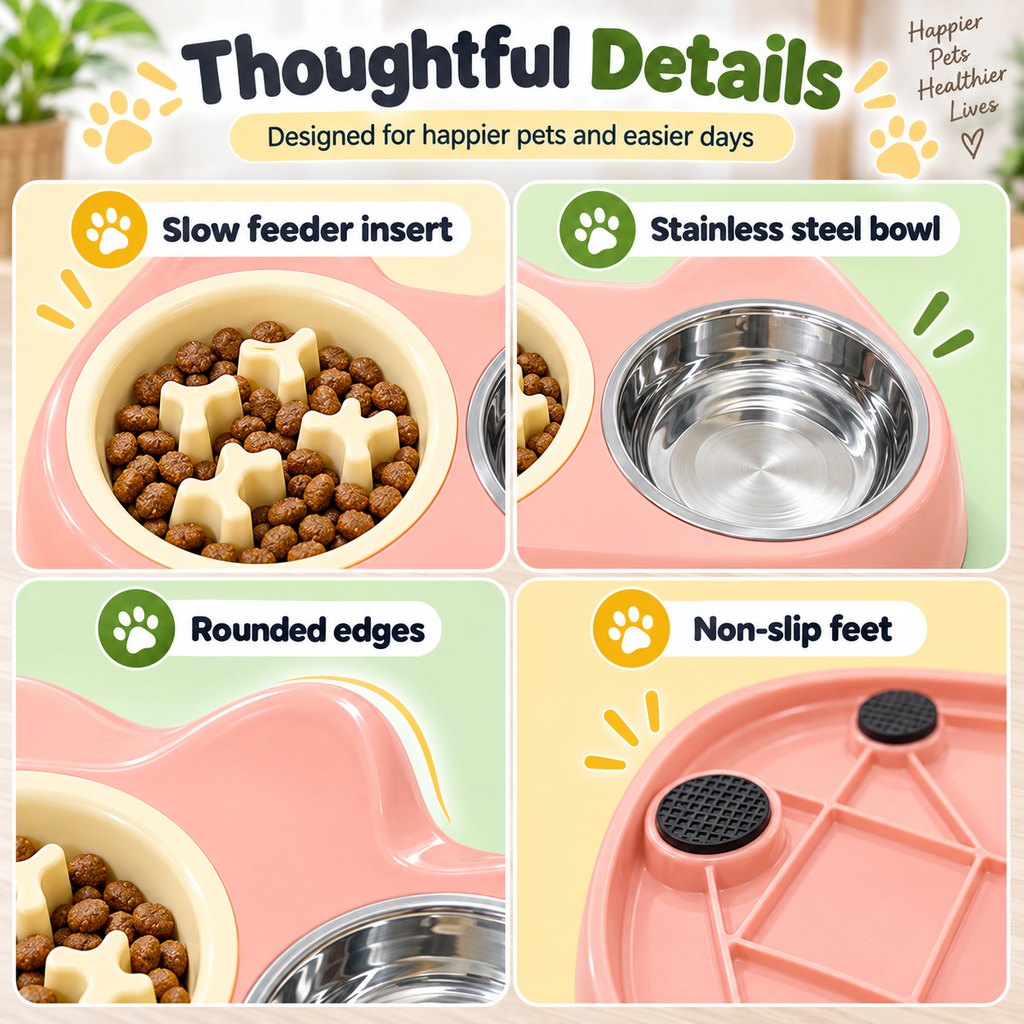 Paws in Awe 2-in-1 Cat Ear Pet Bowl for Cats and Small Dogs - Slow Feeder or Double Stainless Steel Bowls for Slower, Cleaner Mealtimes image 5