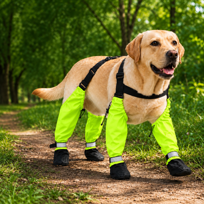 Paws in Awe connected dog boots in green with four leg sleeves and black paw boots