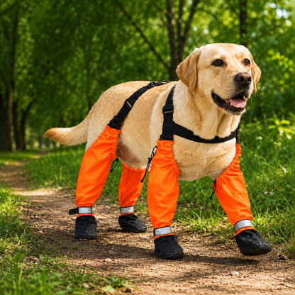 Paws in Awe connected dog boots in orange with four leg sleeves and black paw boots