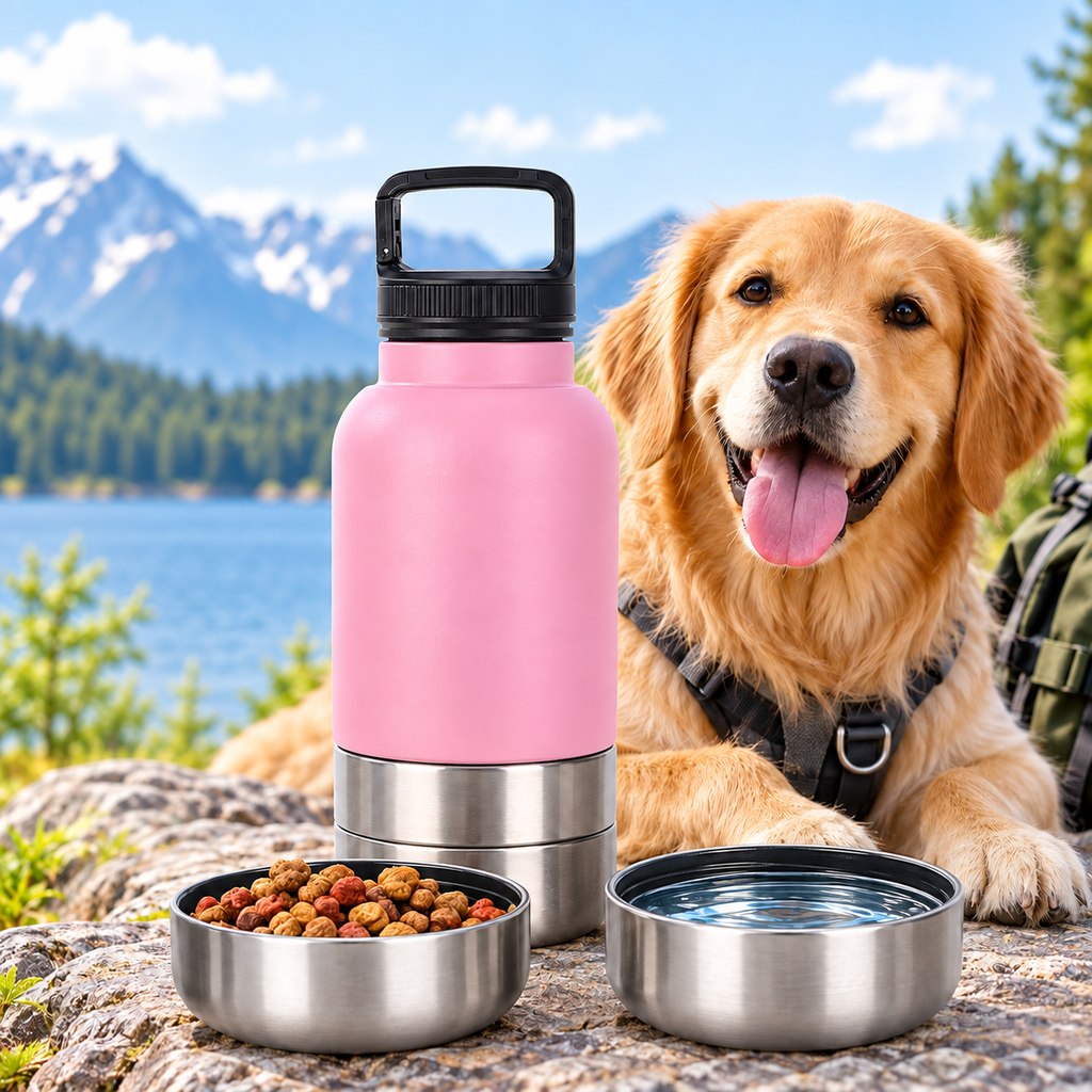 Paws in Awe 3-in-1 Insulated Pet Travel Water Bottle with Food Storage and 2 Bowls - Easy Feeding for Walks, Hiking and Road Trips image 2