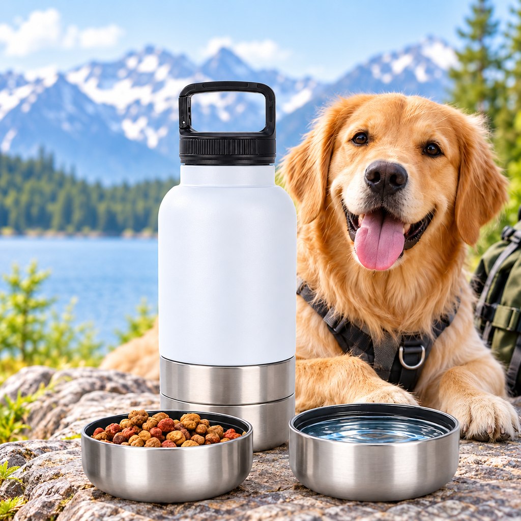 Paws in Awe 3-in-1 Insulated Pet Travel Water Bottle with Food Storage and 2 Bowls - Easy Feeding for Walks, Hiking and Road Trips image 1