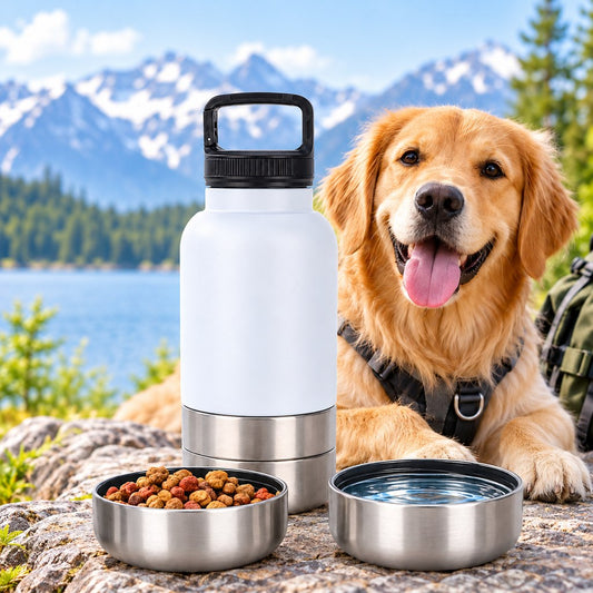 Paws in Awe 3-in-1 Insulated Pet Travel Water Bottle with Food Storage and 2 Bowls - Easy Feeding for Walks, Hiking and Road Trips image 1
