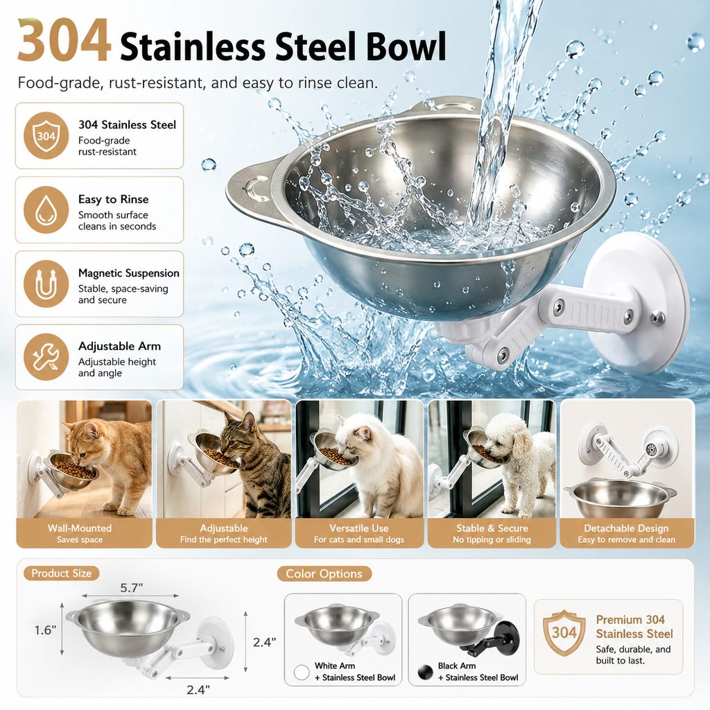 Paws in Awe No-Drill Wall-Mounted Pet Bowl for Small Dogs & Cats - Elevated Feeding for Cleaner Floors image 3