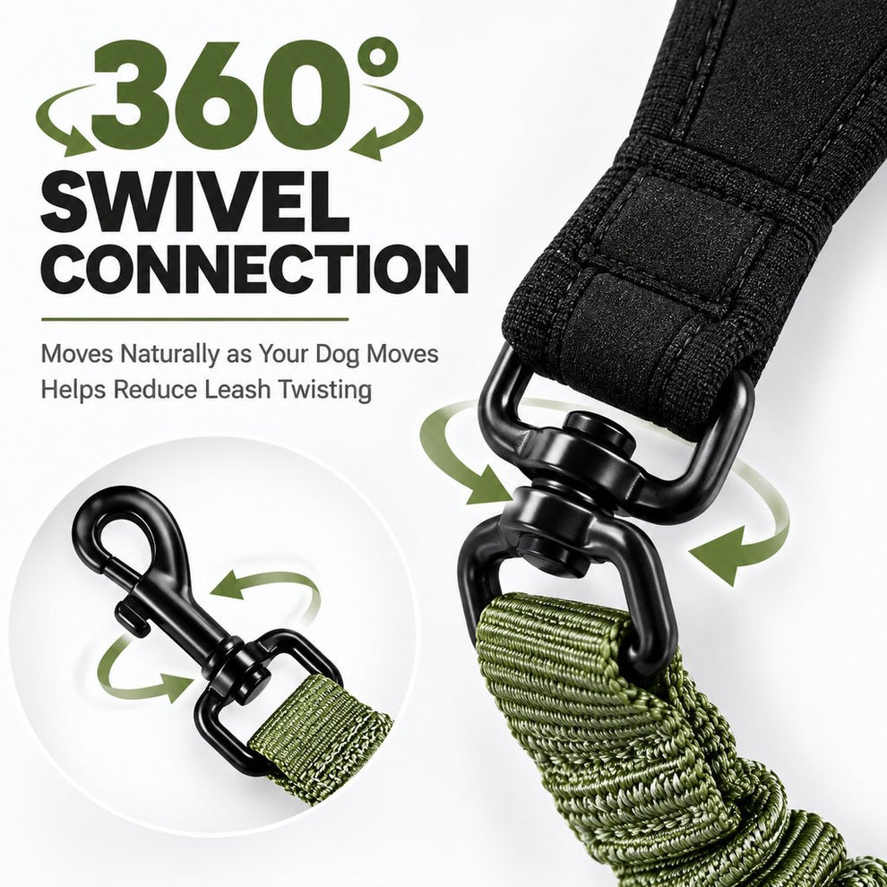 360-degree swivel connection on bungee dog leash