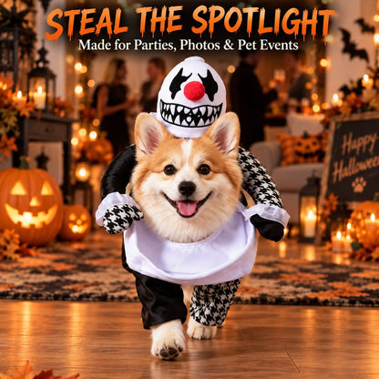 Padded fake arms create a 3D walking illusion on clown dog costume