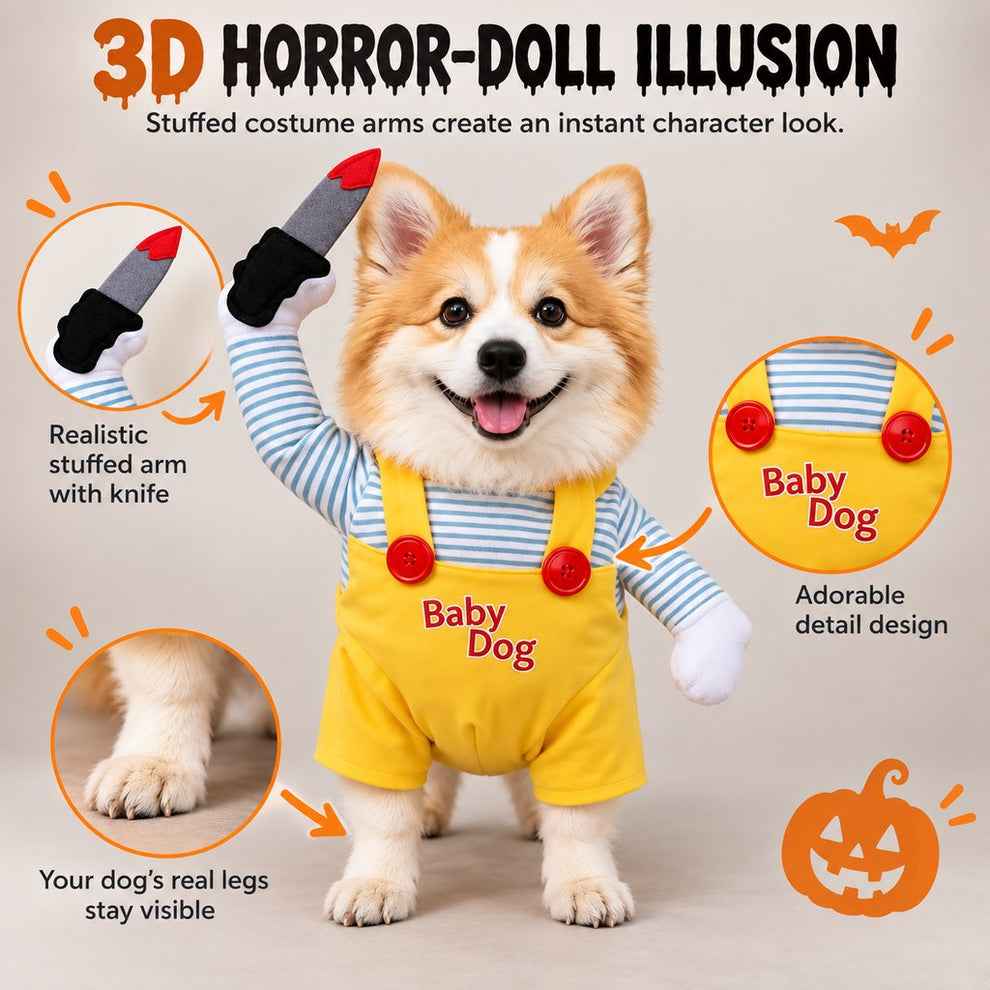 3D stuffed arm illusion on yellow horror doll dog costume