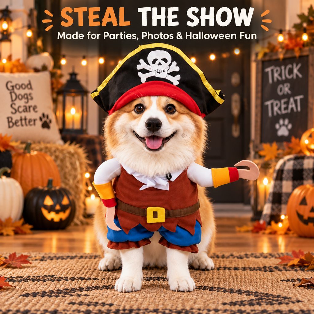 3D stuffed arms on pirate dog costume create a walking illusion