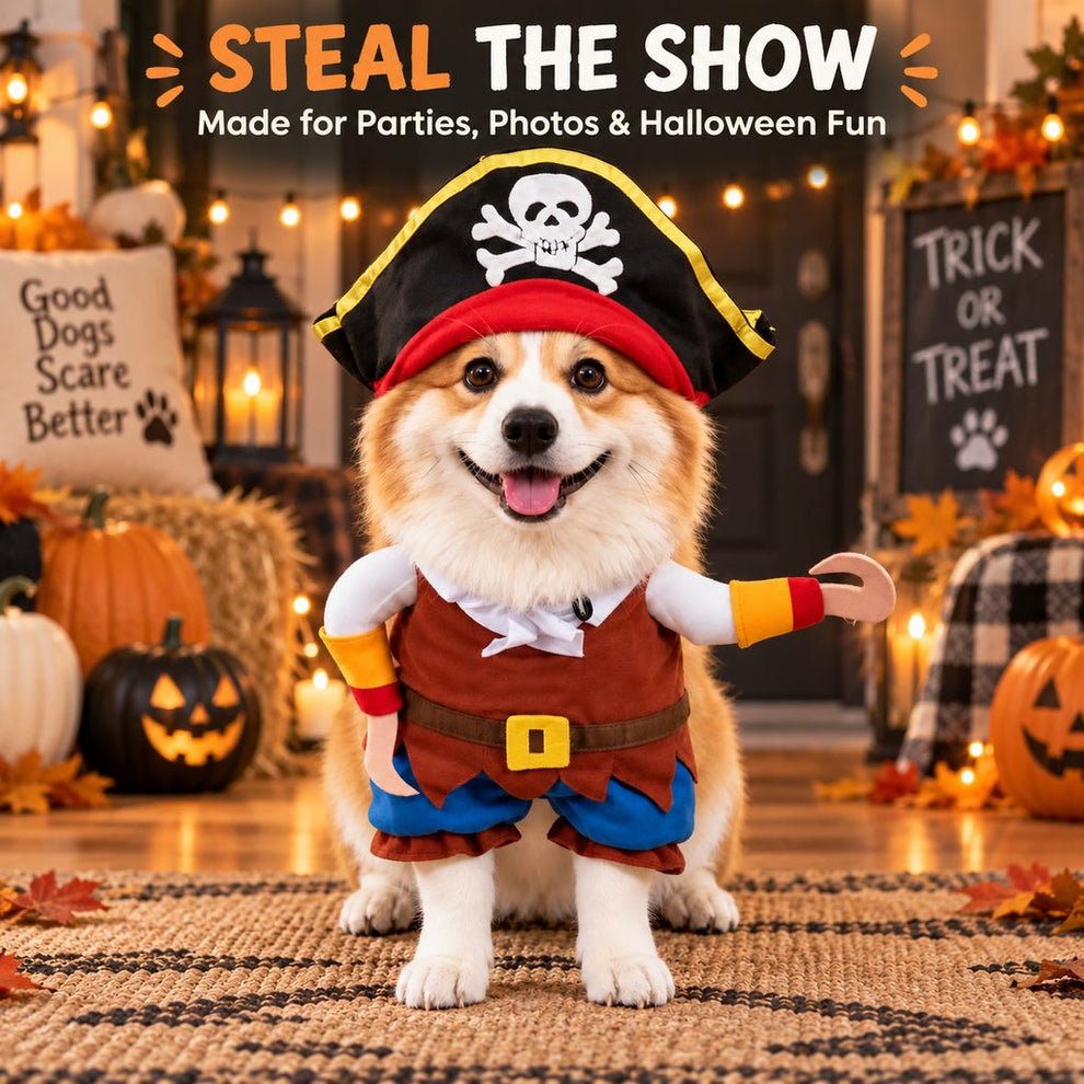 3D stuffed arms on pirate dog costume create a walking illusion
