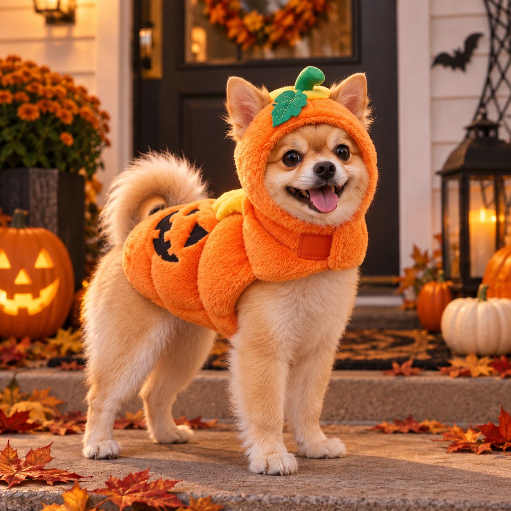 3D Pumpkin Dog Halloween Costume in orange plush