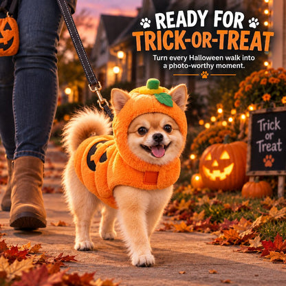 Dog wearing a pumpkin costume for trick-or-treating