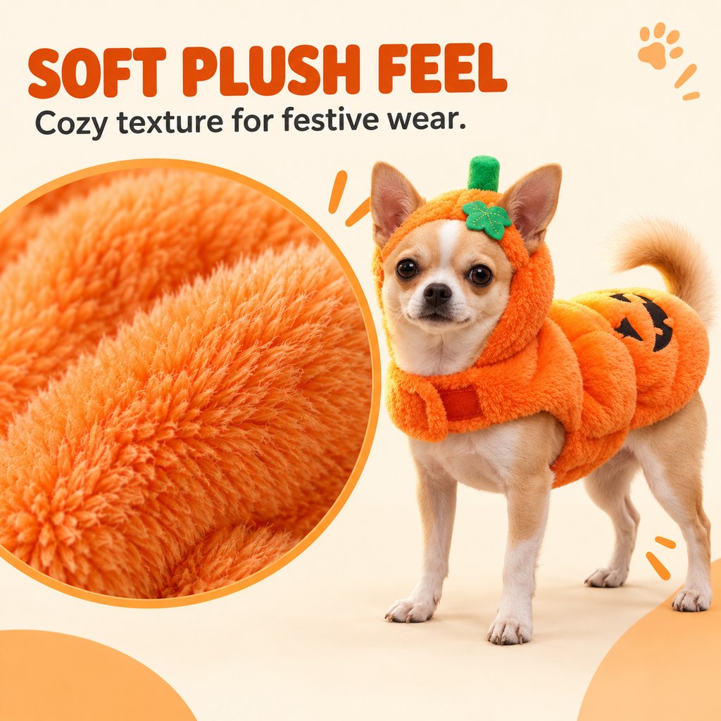 Soft plush texture of orange pumpkin dog costume