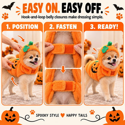 Easy hook-and-loop fit on pumpkin dog costume