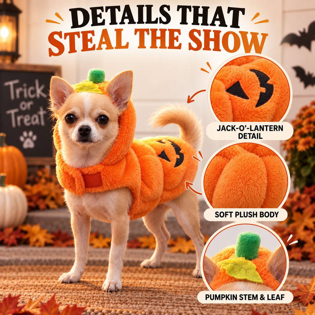 Plush pumpkin Halloween dog costume detail view