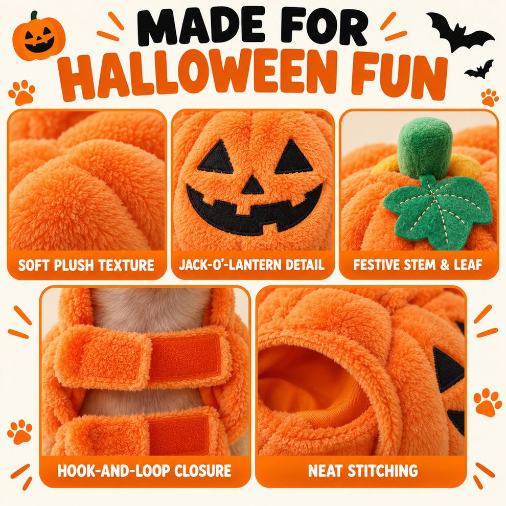 Jack-O'-Lantern dog costume material and closure details