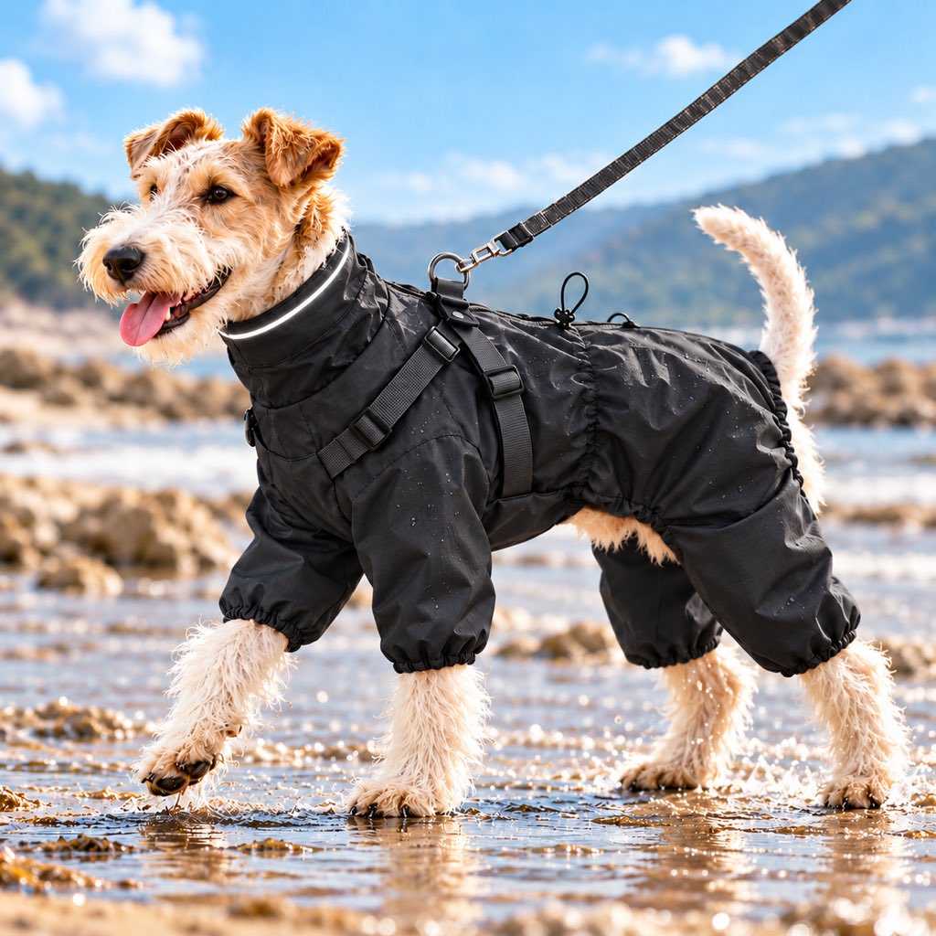 Black four-leg dog raincoat with built-in harness