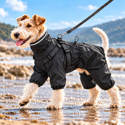 Black four-leg dog raincoat with built-in harness