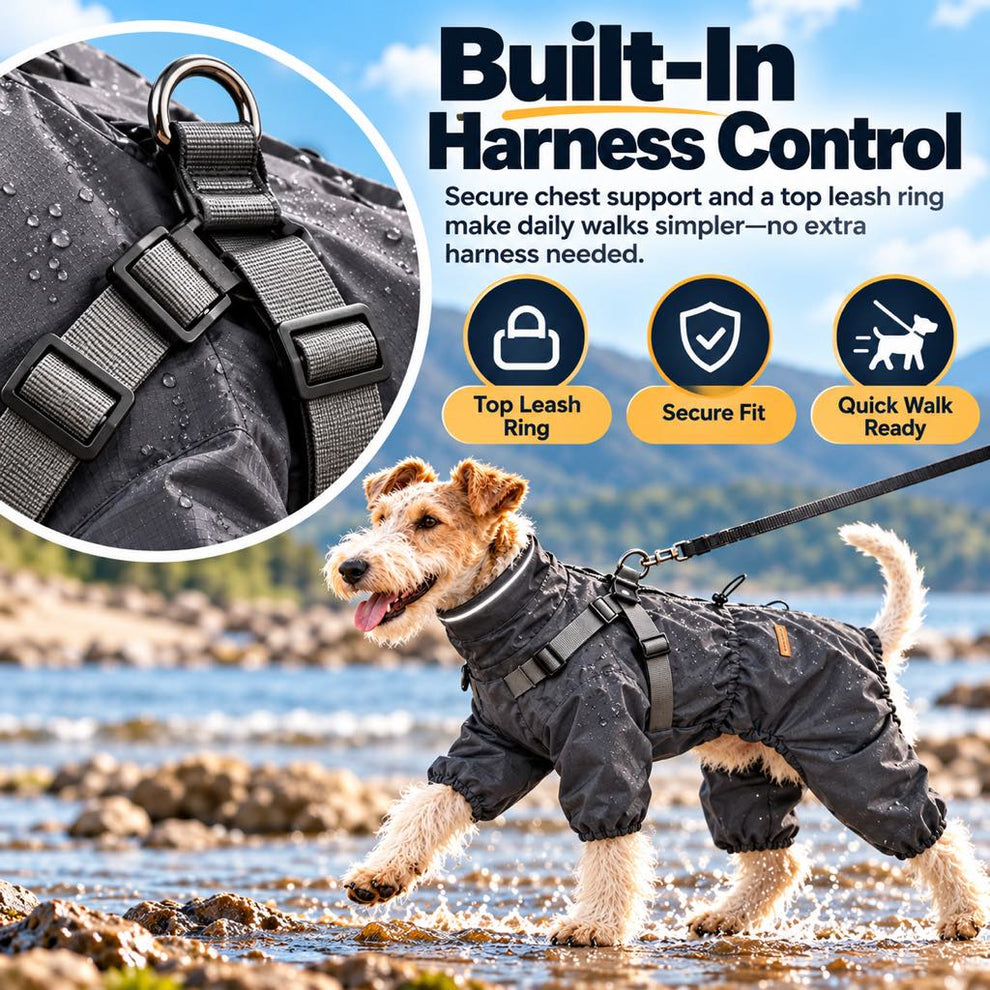 Built-in harness and top leash ring on a dog raincoat