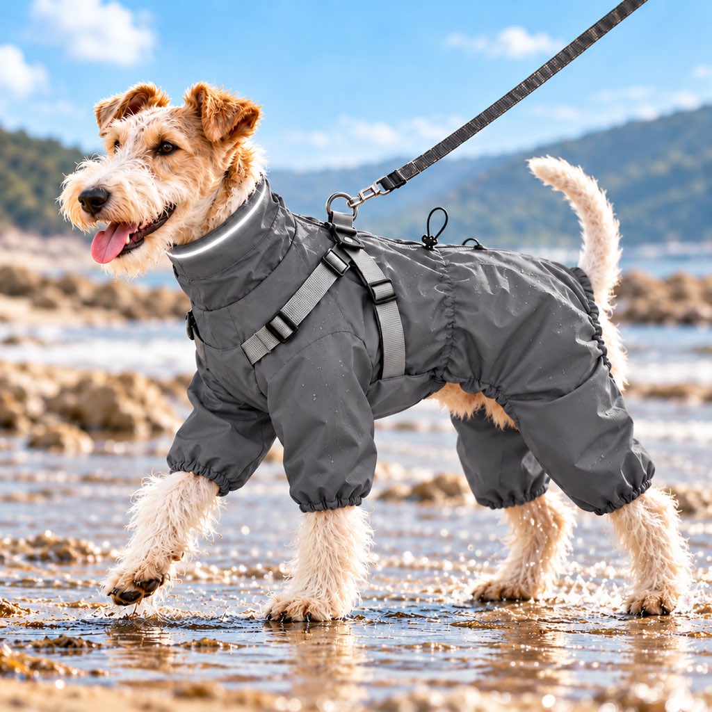 Deep Gray four-leg dog raincoat with built-in harness